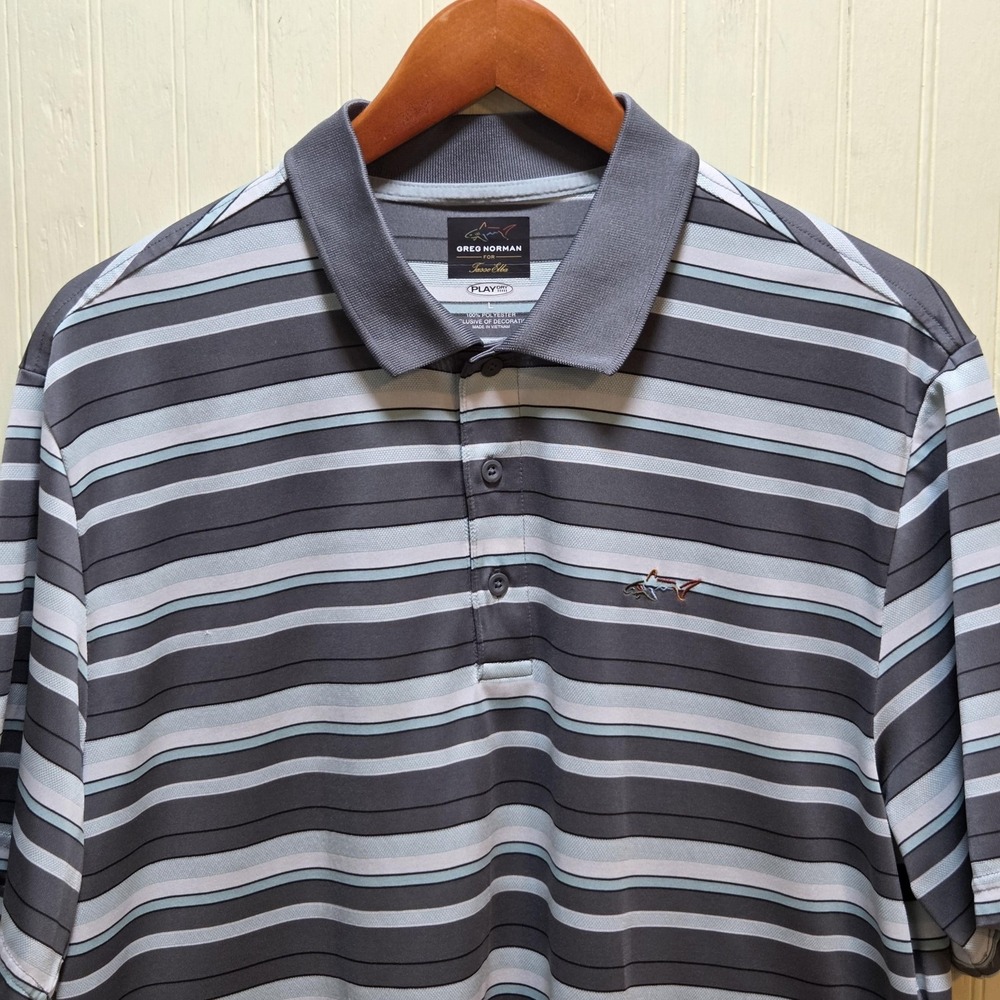 Greg Norman For Tasso Elba Polo Shirt Mens L Gray Stripe PlayDry Golf Top